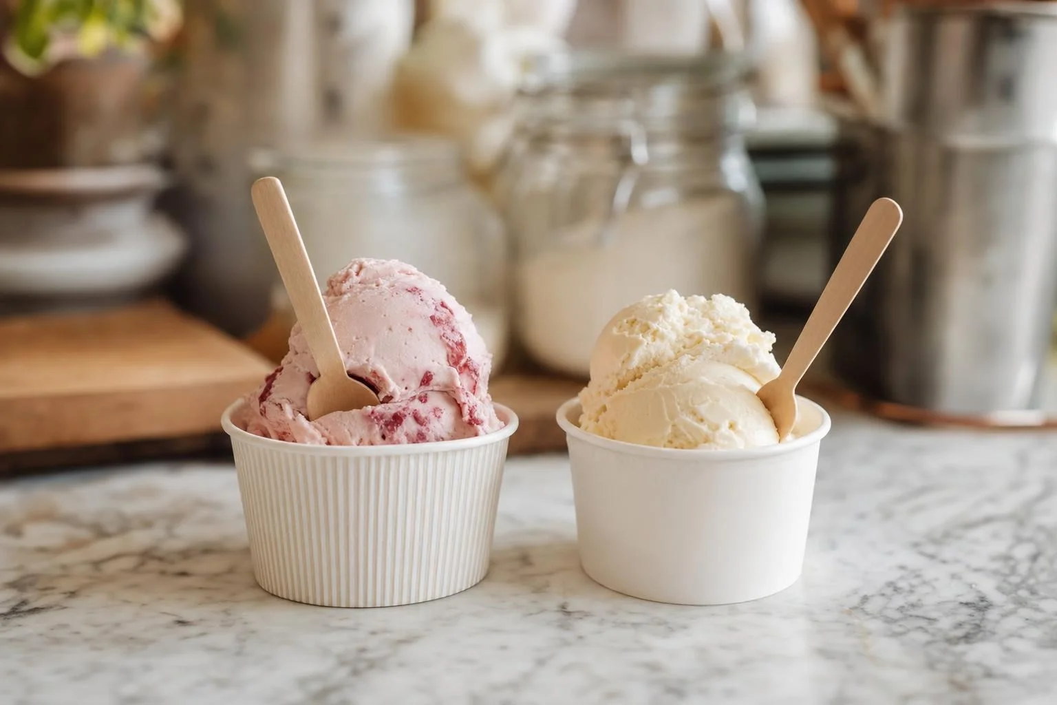 En skopa krämig handgjord gelato i en glaskupa, serverad i en gelatobod.