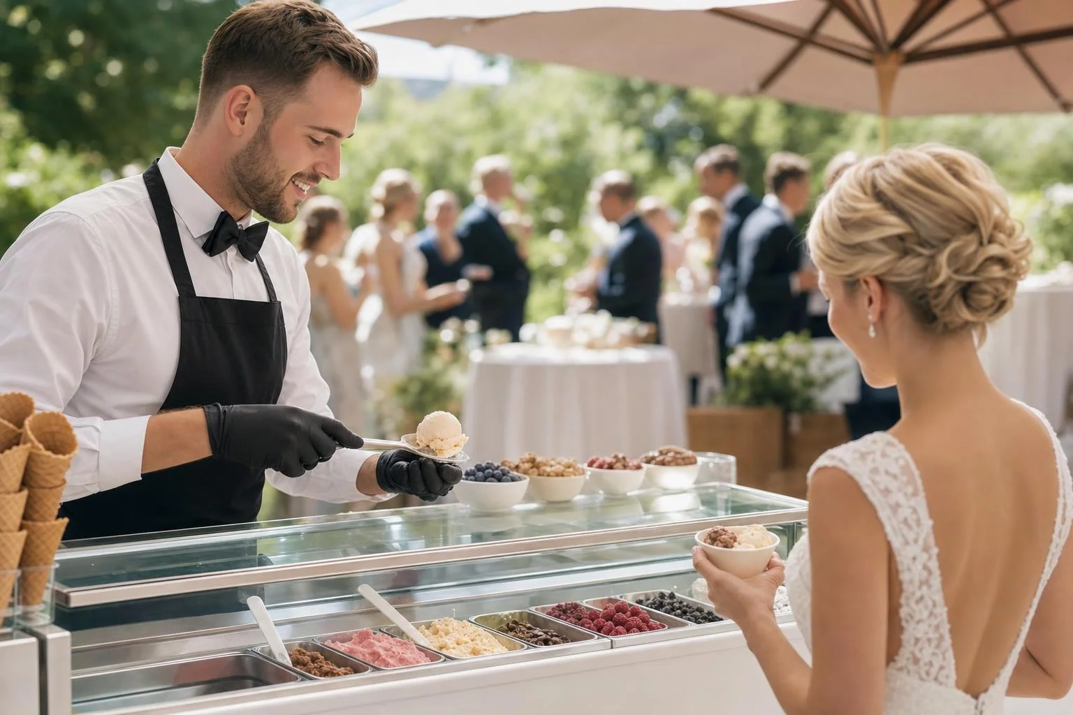 Vacker glassdisk med handgjord gelato i flera smaker uppställd vid ett sommarligt bröllop utomhus