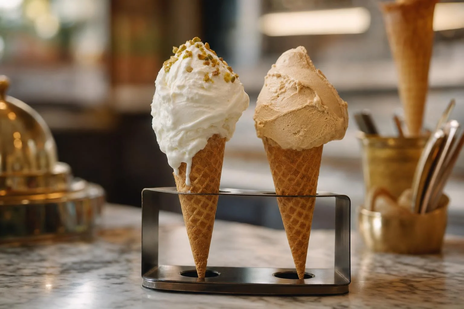 En skopa handgjord pistagegelato i en glasskon som sakta smälter i sommarsolens värme